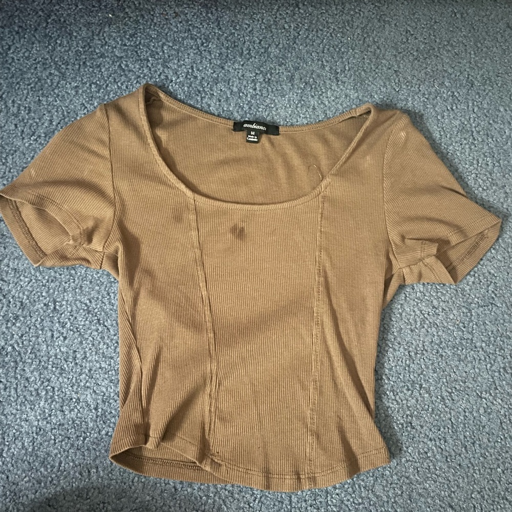 Ambiance Tan Fitted Short Sleeve Blouse